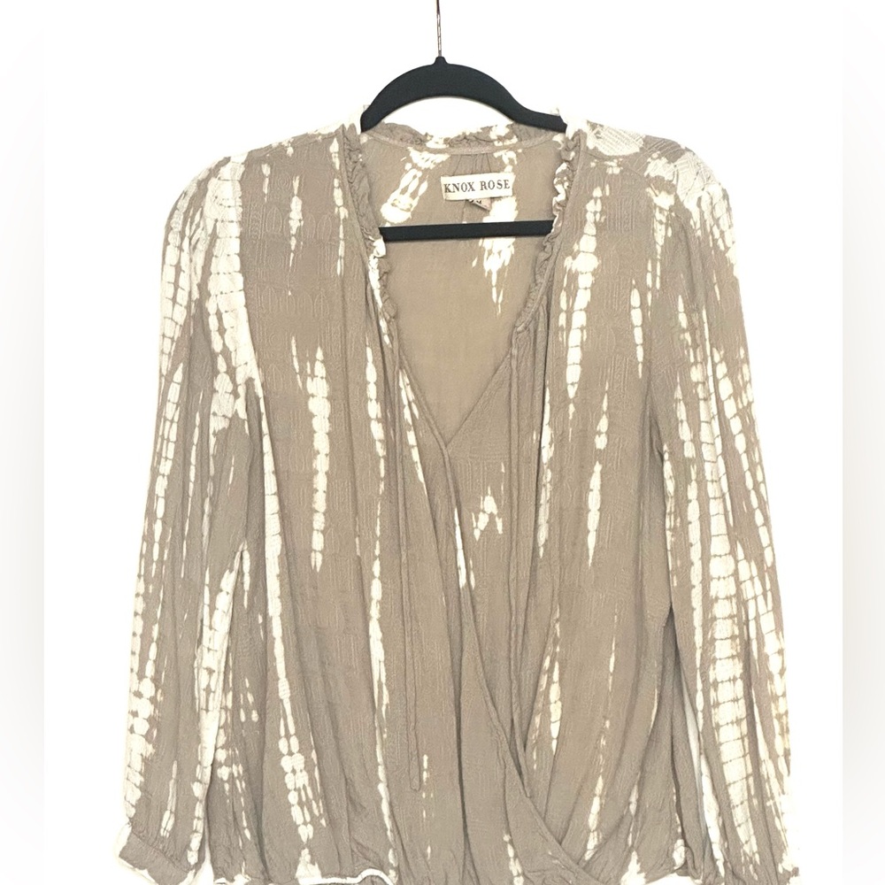 Knox Rose Taupe Ivory Tie‎ Dye Wrap Draped Blouse Boho Lightweight Top Shirt